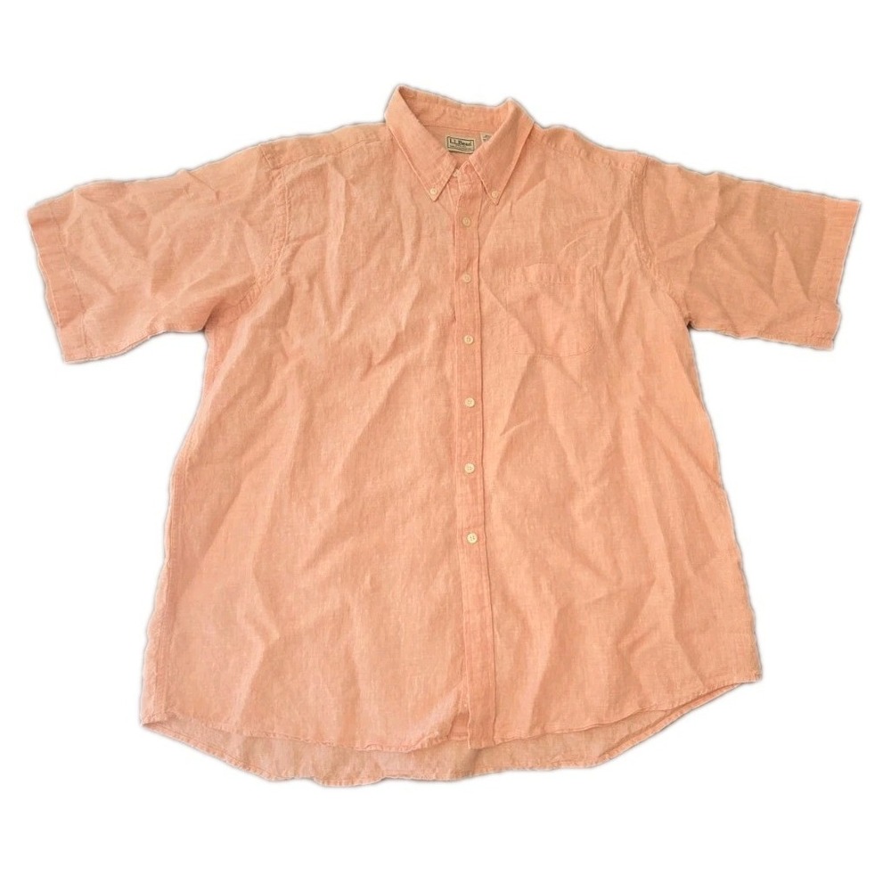 LL Bean 100% Linen Shirt Mens XL Short Sleeve Salmon Pink Coral Button Beach‎